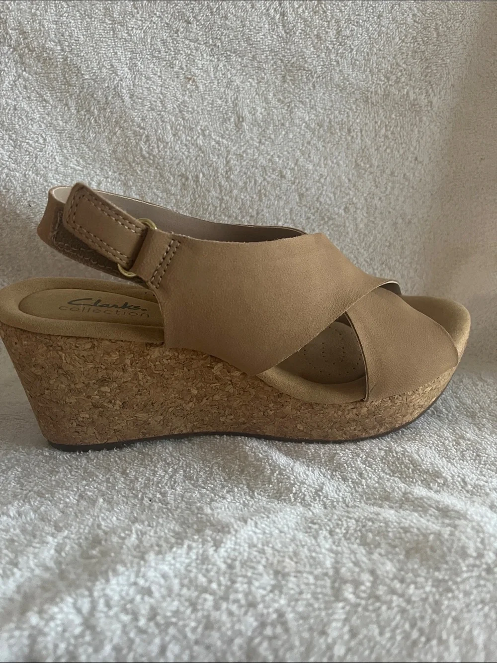Clarks Beige Crisscross Wedge Sandals